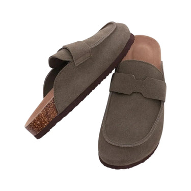 Pair of olive green Birkenstock style suede sandals on a white background